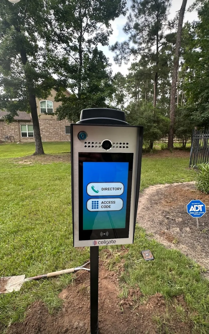 Cellular video entry panel at a residential gate.